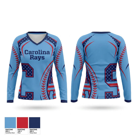 Womens Long Sleeve Vneck Shirt, Carolina Rays, Baseball, Teamtime, Team time, sublimation, custom sports apparel, team uniforms, spirit wear, spiritwear, sports uniforms, custom shirts, team store, custom team store, fundraiser sports, apparel fundraiser