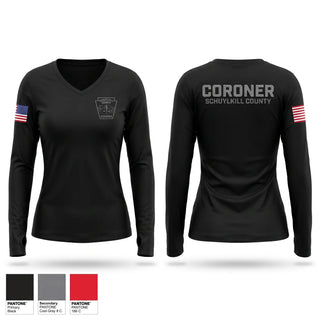 Womens Long Sleeve Vneck Shirt, Schuylkill County Coroner's Office, EMS/EMT, Teamtime, Team time, sublimation, custom sports apparel, team uniforms, spirit wear, spiritwear, sports uniforms, custom shirts, team store, custom team store, fundraiser sports, apparel fundraiser