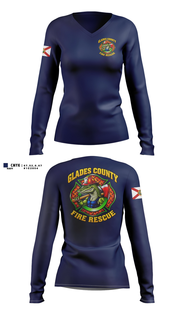 Womens Long Sleeve Vneck Shirt, Glades County Fire Rescue, Fire Department, Teamtime, Team time, sublimation, custom sports apparel, team uniforms, spirit wear, spiritwear, sports uniforms, custom shirts, team store, custom team store, fundraiser sports, apparel fundraiser
