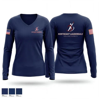 Womens Long Sleeve Vneck Shirt, Northeast Lauderdale Trojans NJROTC, Navy, Teamtime, Team time, sublimation, custom sports apparel, team uniforms, spirit wear, spiritwear, sports uniforms, custom shirts, team store, custom team store, fundraiser sports, apparel fundraiser