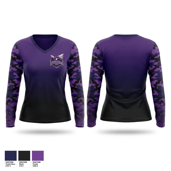 Womens Long Sleeve Vneck Shirt, North Shore Swarm Rugby, Rugby, Teamtime, Team time, sublimation, custom sports apparel, team uniforms, spirit wear, spiritwear, sports uniforms, custom shirts, team store, custom team store, fundraiser sports, apparel fundraiser