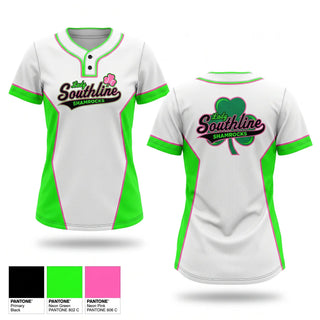 Two Button Softball Jersey, Southline Lady Shamrocks, Softball, Teamtime, Team time, sublimation, custom sports apparel, team uniforms, spirit wear, spiritwear, sports uniforms, custom shirts, team store, custom team store, fundraiser sports, apparel fundraiser