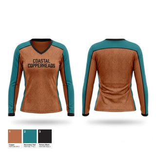 Womens Long Sleeve Vneck Shirt, Coastal Copperheads, Baseball, Teamtime, Team time, sublimation, custom sports apparel, team uniforms, spirit wear, spiritwear, sports uniforms, custom shirts, team store, custom team store, fundraiser sports, apparel fundraiser