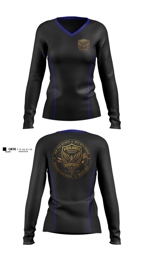 Womens Long Sleeve Vneck Shirt, Vigilance Protection Services, , Teamtime, Team time, sublimation, custom sports apparel, team uniforms, spirit wear, spiritwear, sports uniforms, custom shirts, team store, custom team store, fundraiser sports, apparel fundraiser