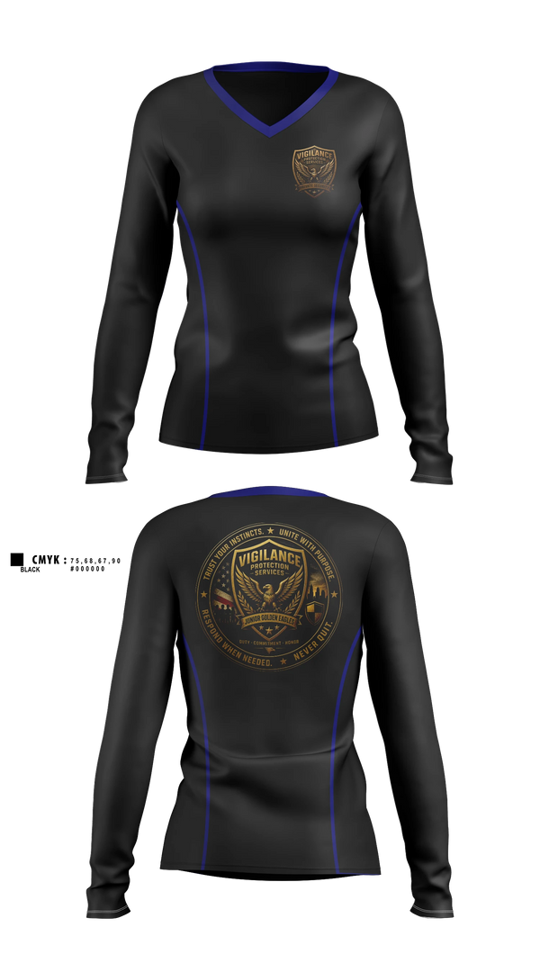 Womens Long Sleeve Vneck Shirt, Vigilance Protection Services, , Teamtime, Team time, sublimation, custom sports apparel, team uniforms, spirit wear, spiritwear, sports uniforms, custom shirts, team store, custom team store, fundraiser sports, apparel fundraiser