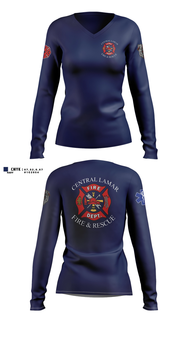 Womens Long Sleeve Vneck Shirt, Central Lamar Fire & Rescue, Fire Department, Teamtime, Team time, sublimation, custom sports apparel, team uniforms, spirit wear, spiritwear, sports uniforms, custom shirts, team store, custom team store, fundraiser sports, apparel fundraiser