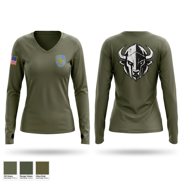 Womens Long Sleeve Vneck Shirt, B Co 1-138th IN, National Guard, Teamtime, Team time, sublimation, custom sports apparel, team uniforms, spirit wear, spiritwear, sports uniforms, custom shirts, team store, custom team store, fundraiser sports, apparel fundraiser