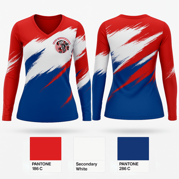 Womens Long Sleeve Vneck Shirt, Kake Thunderbirds Basketball, Men's Basketball, Teamtime, Team time, sublimation, custom sports apparel, team uniforms, spirit wear, spiritwear, sports uniforms, custom shirts, team store, custom team store, fundraiser sports, apparel fundraiser
