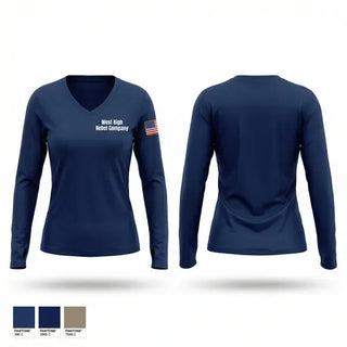 Womens Long Sleeve Vneck Shirt, West High Rebel Company, Navy, Teamtime, Team time, sublimation, custom sports apparel, team uniforms, spirit wear, spiritwear, sports uniforms, custom shirts, team store, custom team store, fundraiser sports, apparel fundraiser