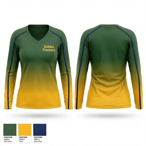 Womens Long Sleeve Vneck Shirt, Golden Pioneers, Men's Soccer, Teamtime, Team time, sublimation, custom sports apparel, team uniforms, spirit wear, spiritwear, sports uniforms, custom shirts, team store, custom team store, fundraiser sports, apparel fundraiser