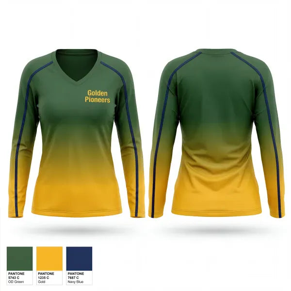 Womens Long Sleeve Vneck Shirt, Golden Pioneers, Men's Soccer, Teamtime, Team time, sublimation, custom sports apparel, team uniforms, spirit wear, spiritwear, sports uniforms, custom shirts, team store, custom team store, fundraiser sports, apparel fundraiser