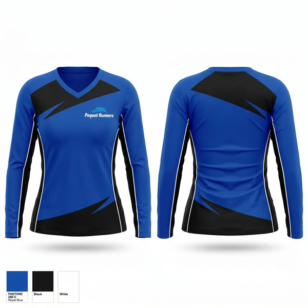 Womens Long Sleeve Vneck Shirt, Pequot Running Club, Spirit Store, Teamtime, Team time, sublimation, custom sports apparel, team uniforms, spirit wear, spiritwear, sports uniforms, custom shirts, team store, custom team store, fundraiser sports, apparel fundraiser