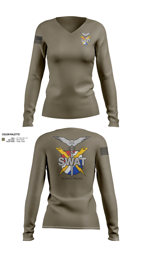 Womens Long Sleeve Vneck Shirt, Temple SWAT, Police, Teamtime, Team time, sublimation, custom sports apparel, team uniforms, spirit wear, spiritwear, sports uniforms, custom shirts, team store, custom team store, fundraiser sports, apparel fundraiser