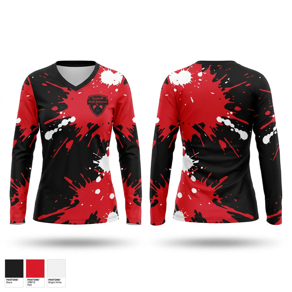 Womens Long Sleeve Vneck Shirt, Lowell Red Arrows, Men's Soccer, Teamtime, Team time, sublimation, custom sports apparel, team uniforms, spirit wear, spiritwear, sports uniforms, custom shirts, team store, custom team store, fundraiser sports, apparel fundraiser