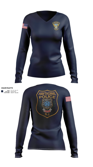 Womens Long Sleeve Vneck Shirt, Hawthorne Police Department, Police, Teamtime, Team time, sublimation, custom sports apparel, team uniforms, spirit wear, spiritwear, sports uniforms, custom shirts, team store, custom team store, fundraiser sports, apparel fundraiser