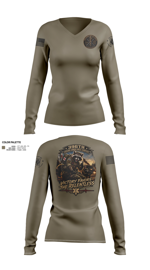 Womens Long Sleeve Vneck Shirt, 396th MCGA, Army, Teamtime, Team time, sublimation, custom sports apparel, team uniforms, spirit wear, spiritwear, sports uniforms, custom shirts, team store, custom team store, fundraiser sports, apparel fundraiser