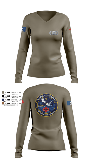 Womens Long Sleeve Vneck Shirt, Louisiana State Guard, Army, Teamtime, Team time, sublimation, custom sports apparel, team uniforms, spirit wear, spiritwear, sports uniforms, custom shirts, team store, custom team store, fundraiser sports, apparel fundraiser