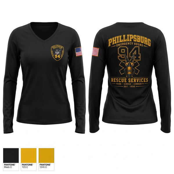 Womens Long Sleeve Vneck Shirt, Phillipsburg Emergency Squad - Rescue Services Division, EMS/EMT, Teamtime, Team time, sublimation, custom sports apparel, team uniforms, spirit wear, spiritwear, sports uniforms, custom shirts, team store, custom team store, fundraiser sports, apparel fundraiser