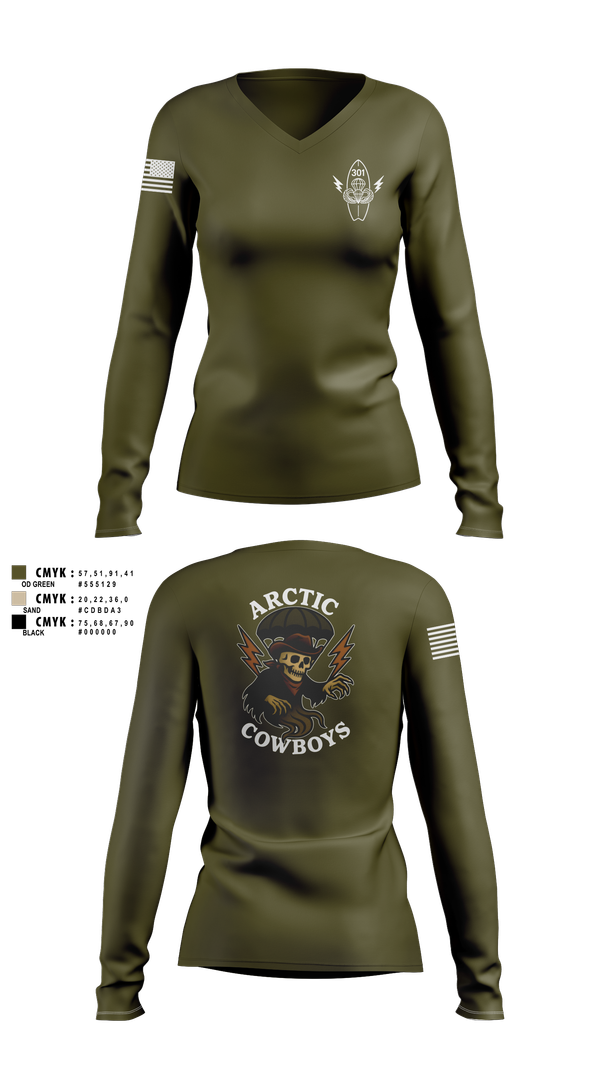 Womens Long Sleeve Vneck Shirt, 301, Army, Teamtime, Team time, sublimation, custom sports apparel, team uniforms, spirit wear, spiritwear, sports uniforms, custom shirts, team store, custom team store, fundraiser sports, apparel fundraiser