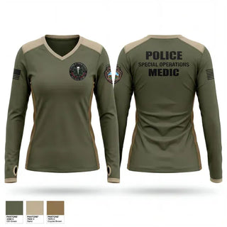Womens Long Sleeve Vneck Shirt, Muscogee Nation Police Tactical Medical team, Police, Teamtime, Team time, sublimation, custom sports apparel, team uniforms, spirit wear, spiritwear, sports uniforms, custom shirts, team store, custom team store, fundraiser sports, apparel fundraiser