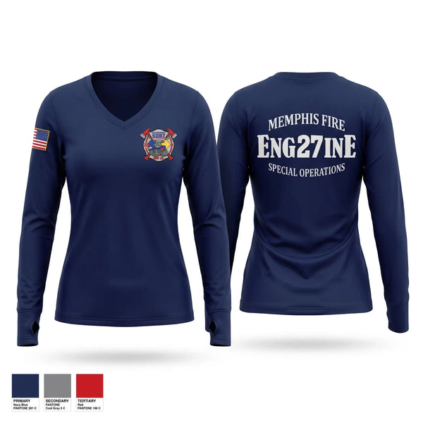 Womens Long Sleeve Vneck Shirt, Memphis Fire Station 27, Fire Department, Teamtime, Team time, sublimation, custom sports apparel, team uniforms, spirit wear, spiritwear, sports uniforms, custom shirts, team store, custom team store, fundraiser sports, apparel fundraiser