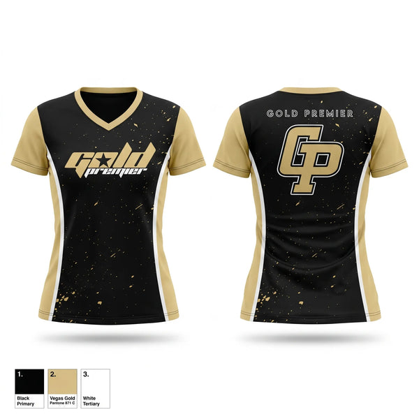 Womens Short Sleeve Vneck Shirt, Gold Premier, Softball, Teamtime, Team time, sublimation, custom sports apparel, team uniforms, spirit wear, spiritwear, sports uniforms, custom shirts, team store, custom team store, fundraiser sports, apparel fundraiser
