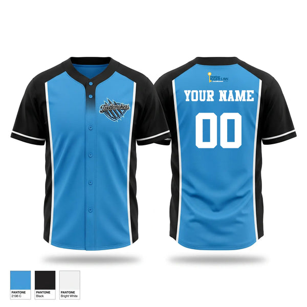 Full Button Baseball Jersey, Troublemakers, Baseball, Teamtime, Team time, sublimation, custom sports apparel, team uniforms, spirit wear, spiritwear, sports uniforms, custom shirts, team store, custom team store, fundraiser sports, apparel fundraiser
