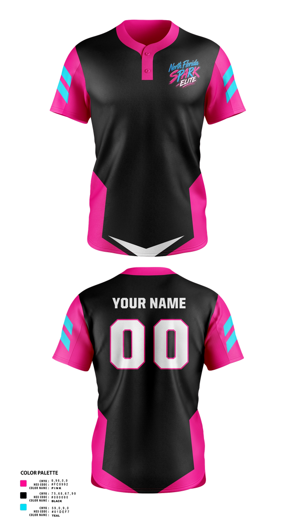 Two Button Softball Jersey, North Florida Spark, Softball, Teamtime, Team time, sublimation, custom sports apparel, team uniforms, spirit wear, spiritwear, sports uniforms, custom shirts, team store, custom team store, fundraiser sports, apparel fundraiser