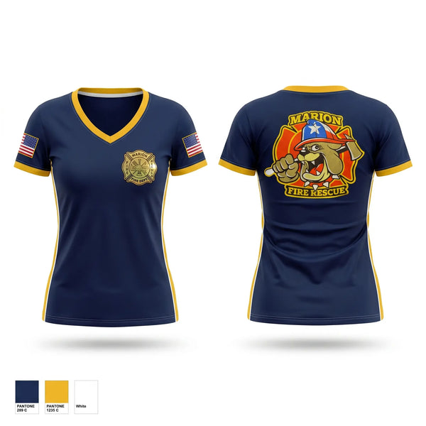Womens Short Sleeve Vneck Shirt, Marion Fire Rescue, Fire Department, Teamtime, Team time, sublimation, custom sports apparel, team uniforms, spirit wear, spiritwear, sports uniforms, custom shirts, team store, custom team store, fundraiser sports, apparel fundraiser