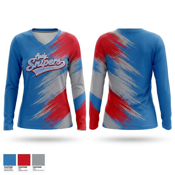 Womens Long Sleeve Vneck Shirt, Lady Snipers, Softball, Teamtime, Team time, sublimation, custom sports apparel, team uniforms, spirit wear, spiritwear, sports uniforms, custom shirts, team store, custom team store, fundraiser sports, apparel fundraiser