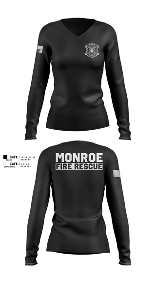 Womens Long Sleeve Vneck Shirt, Monroe Fire Rescue, Fire Department, Teamtime, Team time, sublimation, custom sports apparel, team uniforms, spirit wear, spiritwear, sports uniforms, custom shirts, team store, custom team store, fundraiser sports, apparel fundraiser