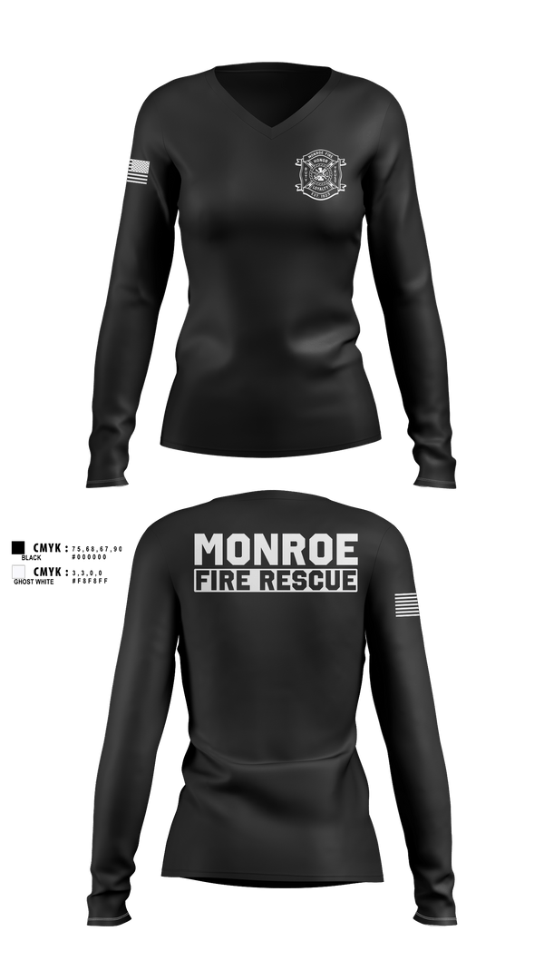 Womens Long Sleeve Vneck Shirt, Monroe Fire Rescue, Fire Department, Teamtime, Team time, sublimation, custom sports apparel, team uniforms, spirit wear, spiritwear, sports uniforms, custom shirts, team store, custom team store, fundraiser sports, apparel fundraiser