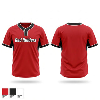Two Button Softball Jersey, Red Raiders, Softball, Teamtime, Team time, sublimation, custom sports apparel, team uniforms, spirit wear, spiritwear, sports uniforms, custom shirts, team store, custom team store, fundraiser sports, apparel fundraiser