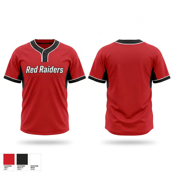 Two Button Softball Jersey, Red Raiders, Softball, Teamtime, Team time, sublimation, custom sports apparel, team uniforms, spirit wear, spiritwear, sports uniforms, custom shirts, team store, custom team store, fundraiser sports, apparel fundraiser