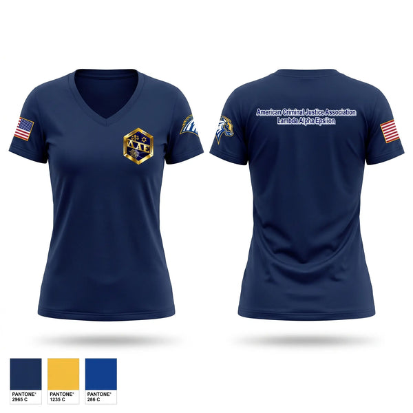 Womens Short Sleeve Vneck Shirt, American Criminal Justice Association, Police, Teamtime, Team time, sublimation, custom sports apparel, team uniforms, spirit wear, spiritwear, sports uniforms, custom shirts, team store, custom team store, fundraiser sports, apparel fundraiser
