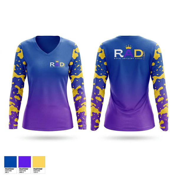 Womens Long Sleeve Vneck Shirt, Royal Artistry Dance, Spirit Store, Teamtime, Team time, sublimation, custom sports apparel, team uniforms, spirit wear, spiritwear, sports uniforms, custom shirts, team store, custom team store, fundraiser sports, apparel fundraiser