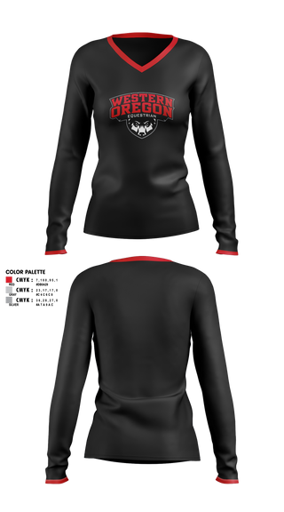 Womens Long Sleeve Vneck Shirt, Western Oregon University Equestrian, Spirit Store, Teamtime, Team time, sublimation, custom sports apparel, team uniforms, spirit wear, spiritwear, sports uniforms, custom shirts, team store, custom team store, fundraiser sports, apparel fundraiser