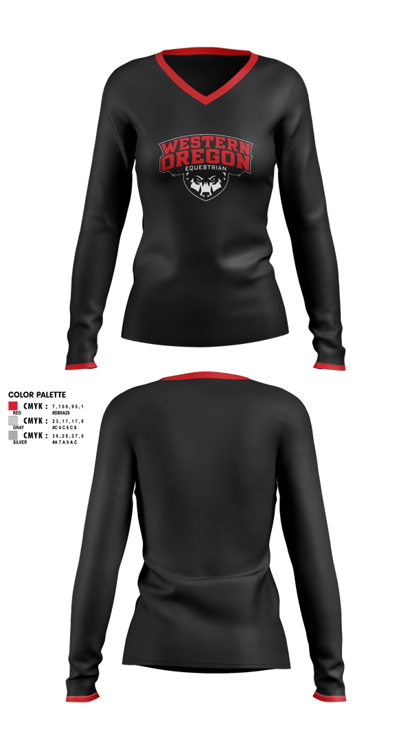 Womens Long Sleeve Vneck Shirt, Western Oregon University Equestrian, Spirit Store, Teamtime, Team time, sublimation, custom sports apparel, team uniforms, spirit wear, spiritwear, sports uniforms, custom shirts, team store, custom team store, fundraiser sports, apparel fundraiser