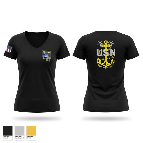 Womens Short Sleeve Vneck Shirt, USS NEVADA Chief’s Mess, Navy, Teamtime, Team time, sublimation, custom sports apparel, team uniforms, spirit wear, spiritwear, sports uniforms, custom shirts, team store, custom team store, fundraiser sports, apparel fundraiser