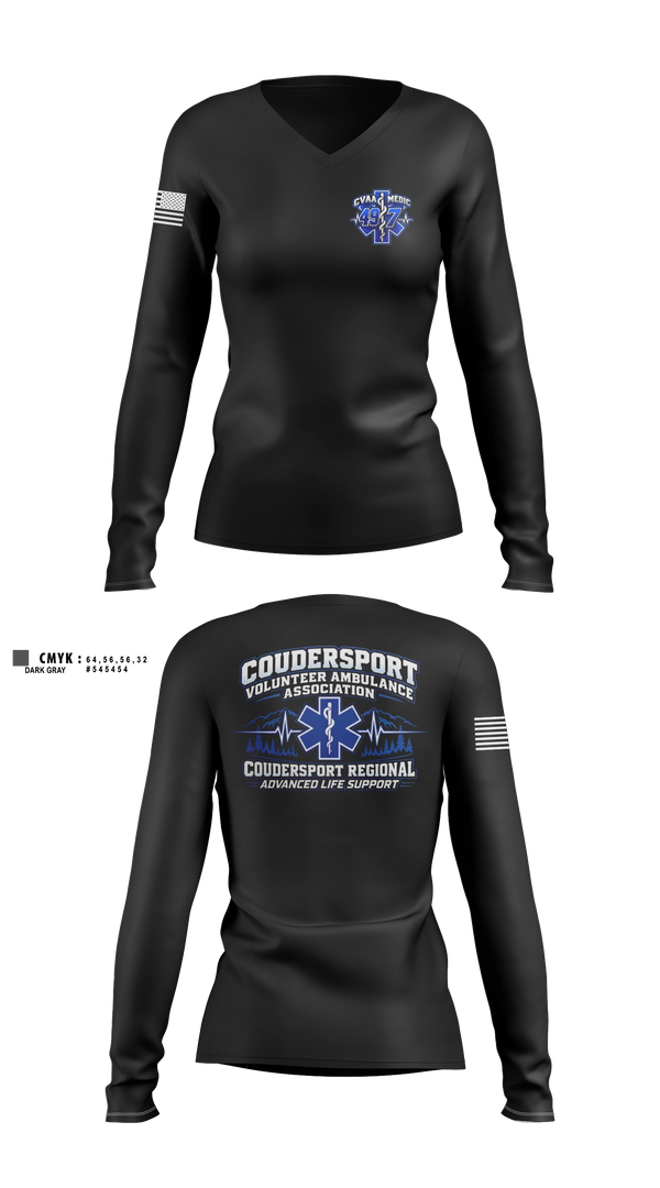 Womens Long Sleeve Vneck Shirt, Coudersport Ems, EMS/EMT, Teamtime, Team time, sublimation, custom sports apparel, team uniforms, spirit wear, spiritwear, sports uniforms, custom shirts, team store, custom team store, fundraiser sports, apparel fundraiser