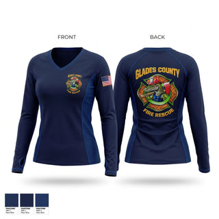 Womens Long Sleeve Vneck Shirt, Glades County Fire Rescue, Fire Department, Teamtime, Team time, sublimation, custom sports apparel, team uniforms, spirit wear, spiritwear, sports uniforms, custom shirts, team store, custom team store, fundraiser sports, apparel fundraiser