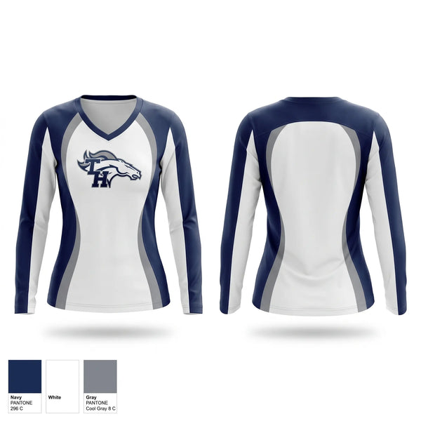 Womens Long Sleeve Vneck Shirt, Mustangs, , Teamtime, Team time, sublimation, custom sports apparel, team uniforms, spirit wear, spiritwear, sports uniforms, custom shirts, team store, custom team store, fundraiser sports, apparel fundraiser