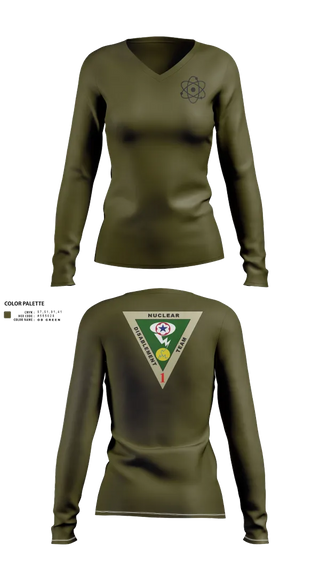 Womens Long Sleeve Vneck Shirt, NDT-1, Army, Teamtime, Team time, sublimation, custom sports apparel, team uniforms, spirit wear, spiritwear, sports uniforms, custom shirts, team store, custom team store, fundraiser sports, apparel fundraiser