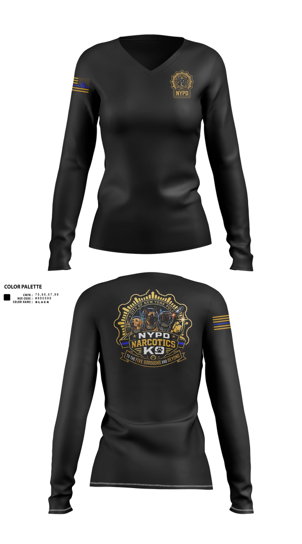 Womens Long Sleeve Vneck Shirt, NYPD NARCOTICS K9, Police, Teamtime, Team time, sublimation, custom sports apparel, team uniforms, spirit wear, spiritwear, sports uniforms, custom shirts, team store, custom team store, fundraiser sports, apparel fundraiser