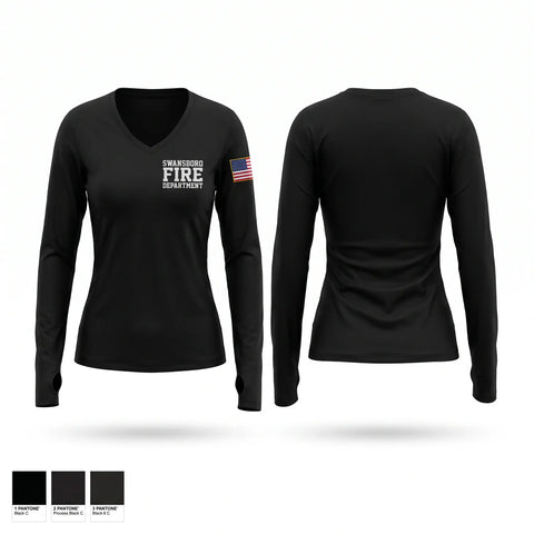 Womens Long Sleeve Vneck Shirt, Swansboro Fire Department, Fire Department, Teamtime, Team time, sublimation, custom sports apparel, team uniforms, spirit wear, spiritwear, sports uniforms, custom shirts, team store, custom team store, fundraiser sports, apparel fundraiser