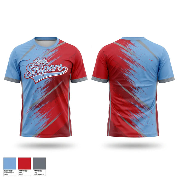 Soft Poly Tee Cotton Like Feel, Lady Snipers, Softball, Teamtime, Team time, sublimation, custom sports apparel, team uniforms, spirit wear, spiritwear, sports uniforms, custom shirts, team store, custom team store, fundraiser sports, apparel fundraiser
