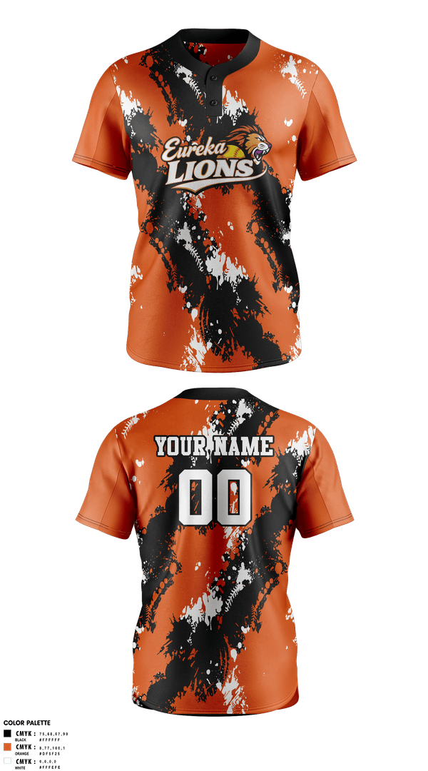 Two Button Softball Jersey, Eureka Lions, Softball, Teamtime, Team time, sublimation, custom sports apparel, team uniforms, spirit wear, spiritwear, sports uniforms, custom shirts, team store, custom team store, fundraiser sports, apparel fundraiser