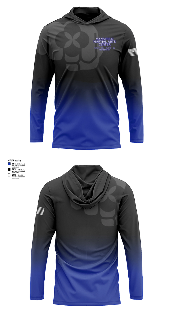 Long Sleeve hooded sunshirt, Mansfield Martial Arts Center, , Teamtime, Team time, sublimation, custom sports apparel, team uniforms, spirit wear, spiritwear, sports uniforms, custom shirts, team store, custom team store, fundraiser sports, apparel fundraiser