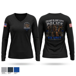 Womens Long Sleeve Vneck Shirt, Grand Blanc City Police K9 Unit, Police, Teamtime, Team time, sublimation, custom sports apparel, team uniforms, spirit wear, spiritwear, sports uniforms, custom shirts, team store, custom team store, fundraiser sports, apparel fundraiser
