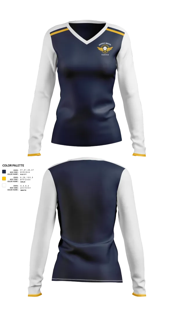 Womens Long Sleeve Vneck Shirt, Saddle Brook Tennis, Tennis, Teamtime, Team time, sublimation, custom sports apparel, team uniforms, spirit wear, spiritwear, sports uniforms, custom shirts, team store, custom team store, fundraiser sports, apparel fundraiser